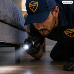 Pest control technician in navy uniform inspecting under a bed with a flashlight.