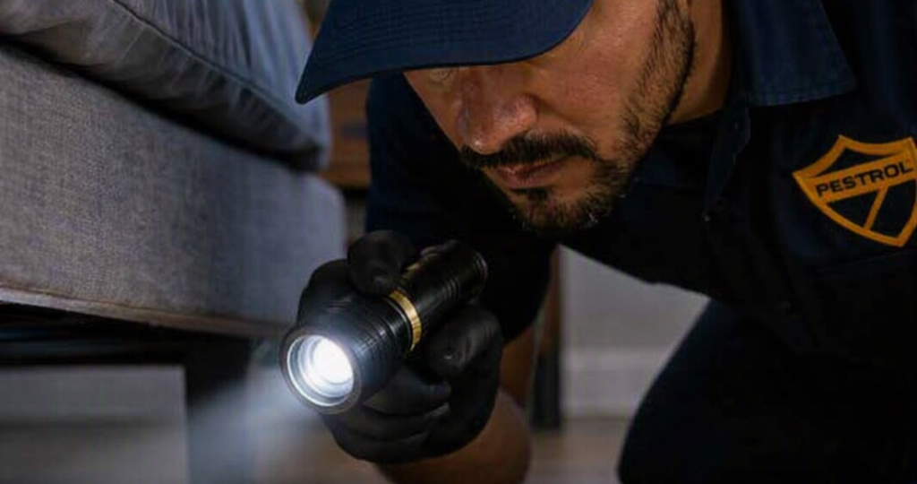 Pest control technician in navy uniform inspecting under a bed with a flashlight.