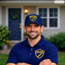 Pestrol technician smiling in front of a suburban home wearing a navy uniform and cap with the Pestrol shield logo.