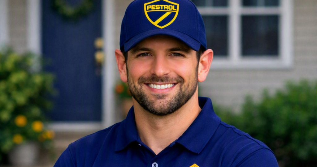 Pestrol technician smiling in front of a suburban home wearing a navy uniform and cap with the Pestrol shield logo.